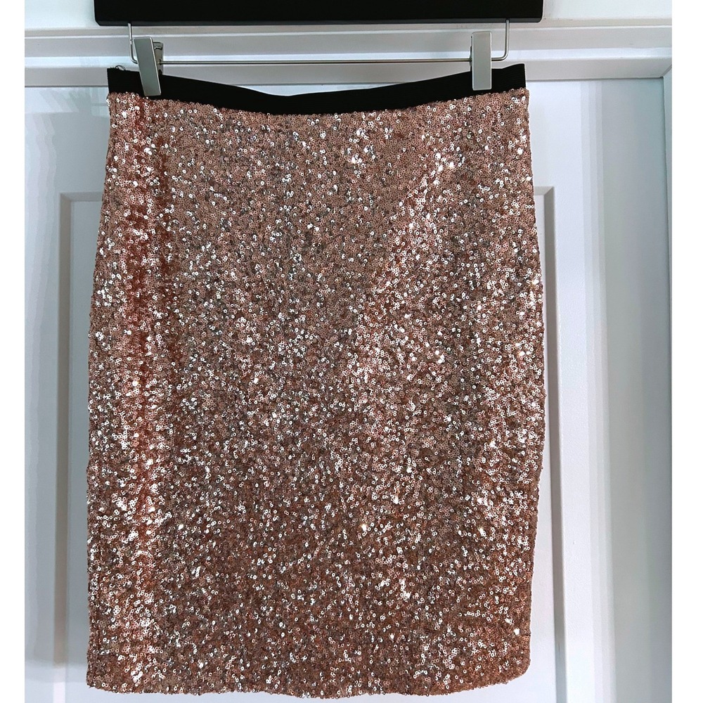 The Limited Rose Gold Sequin Mini Skirt Black Elastic Waist Small Holiday Party